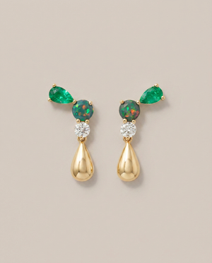 Skaska Diamond, Emerald and Black Opal Cluster Pear Drop Earrings