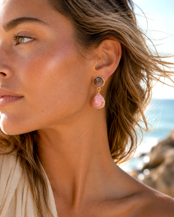Lassanai Rose Quartz + Smoky Quartz Studs Gold