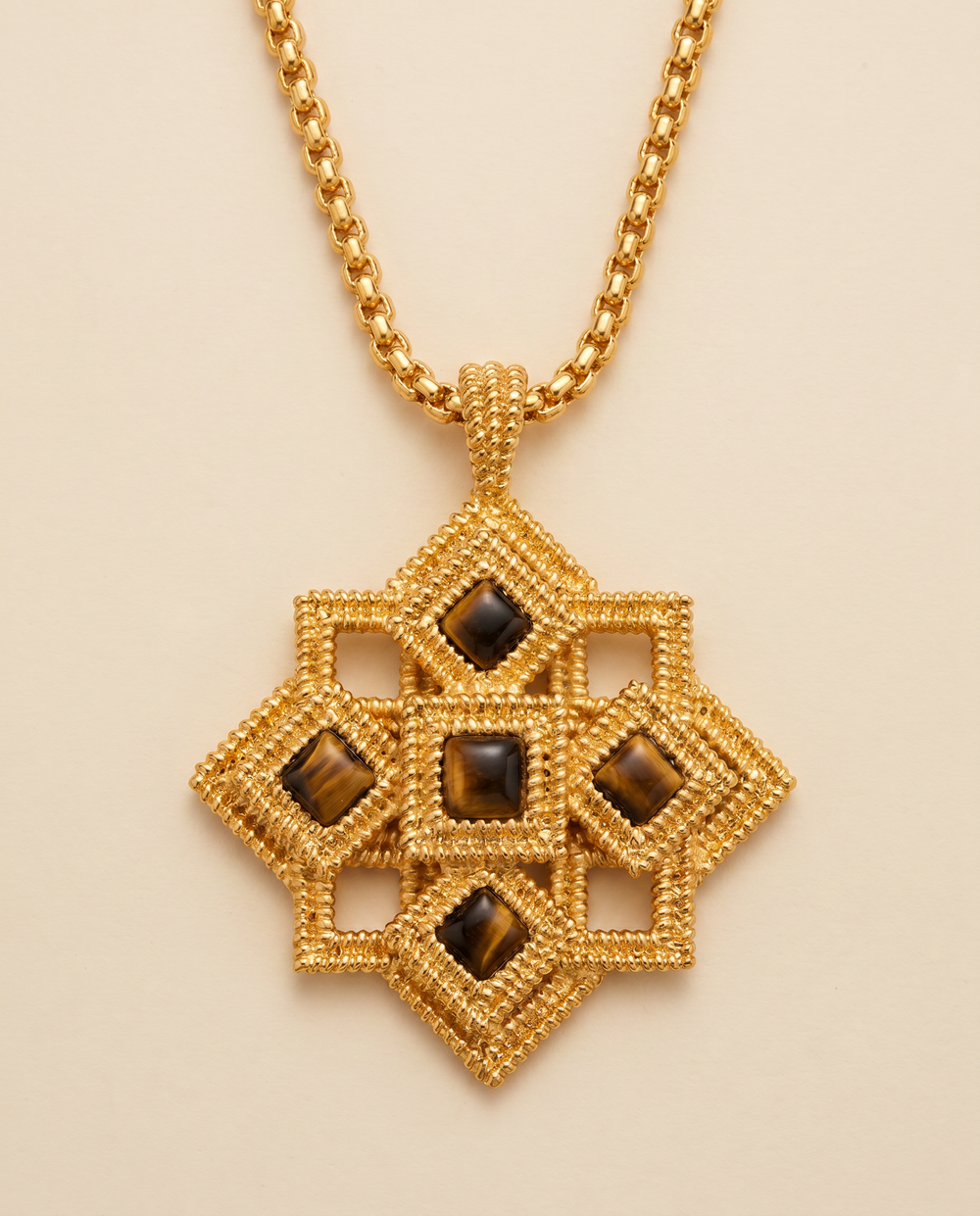 Tay Tiger's Eye Set Ropetwist Diamonds and Squares Pendant by Tay from Marina St Barth
