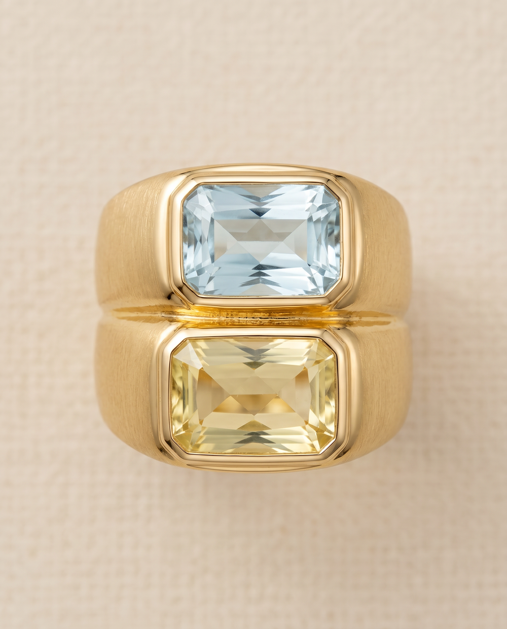 Tay Faceted Aquamarine and Lemon Quartz set gemini Ring by Tay from Marina St Barth
