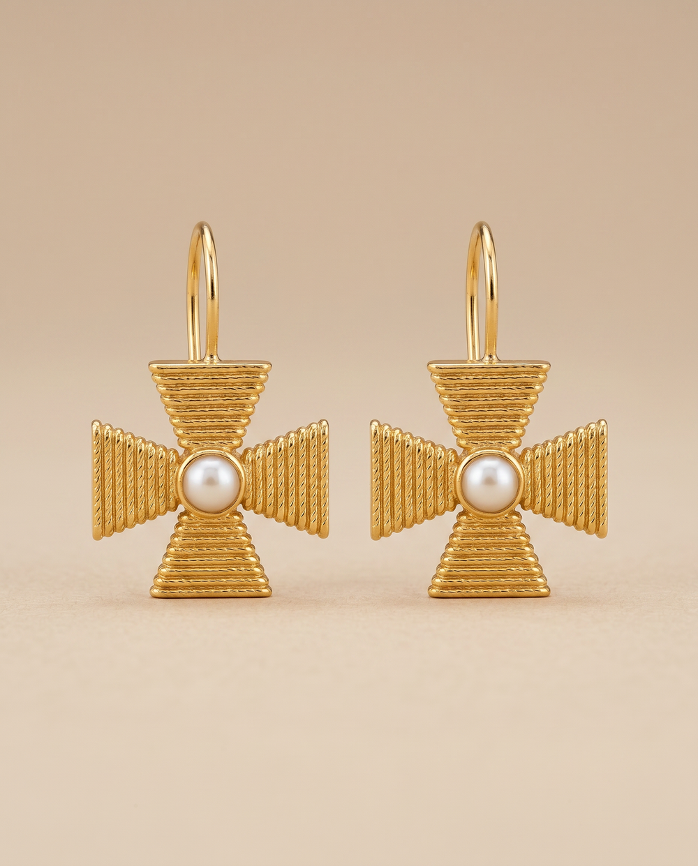 Tay Pearl Set Wirewrap Maltese Cross Eardrops by Tay from Marina St Barth