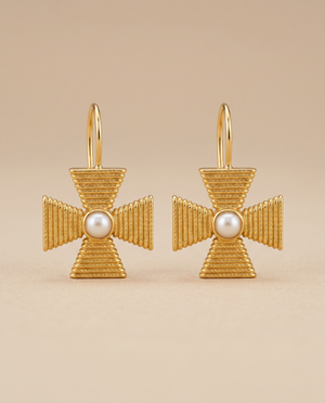 Tay Pearl Set Wirewrap Maltese Cross Eardrops by Tay from Marina St Barth