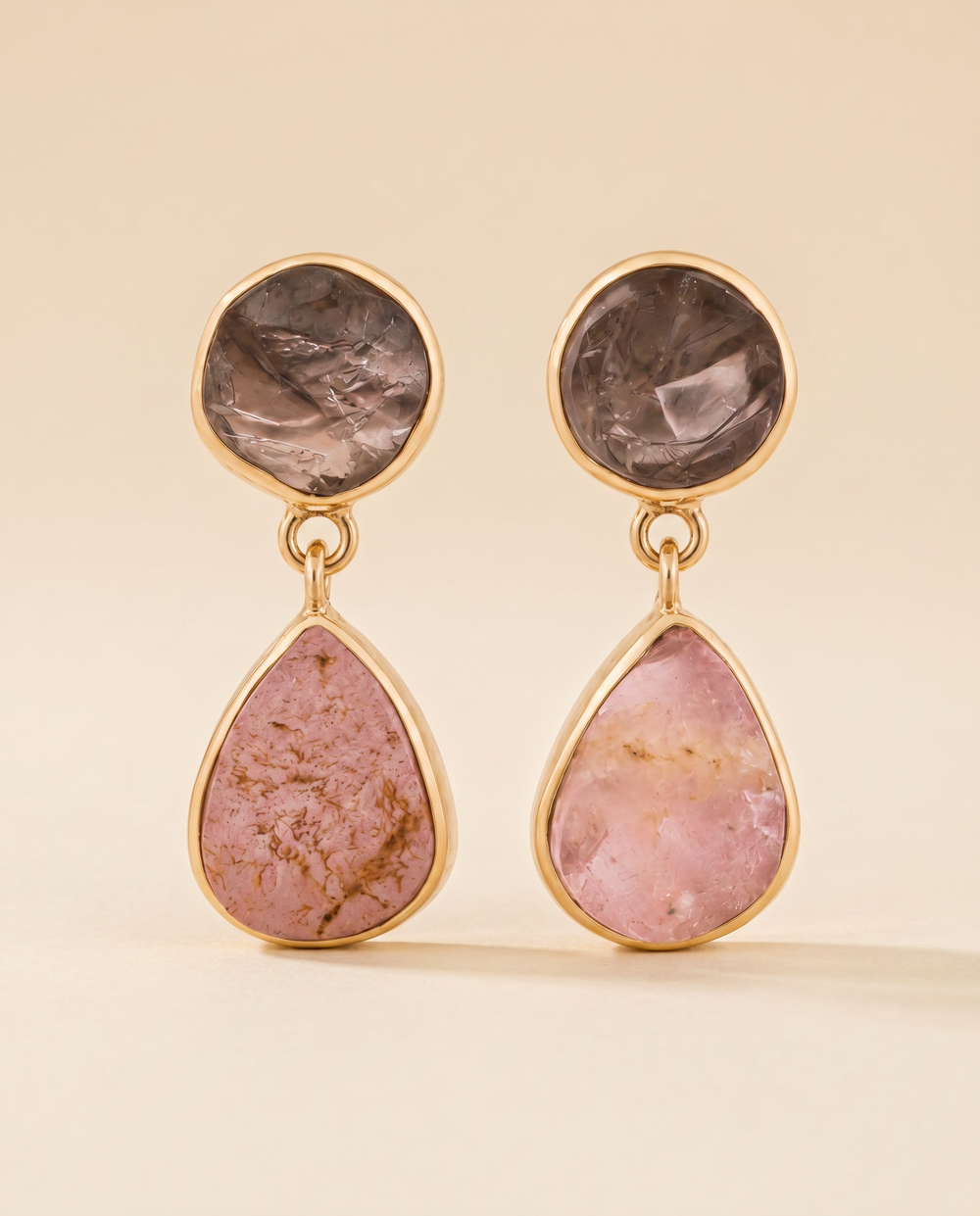 Lassanai Rose Quartz + Smoky Quartz Studs Gold by Lassanai from Marina St Barth